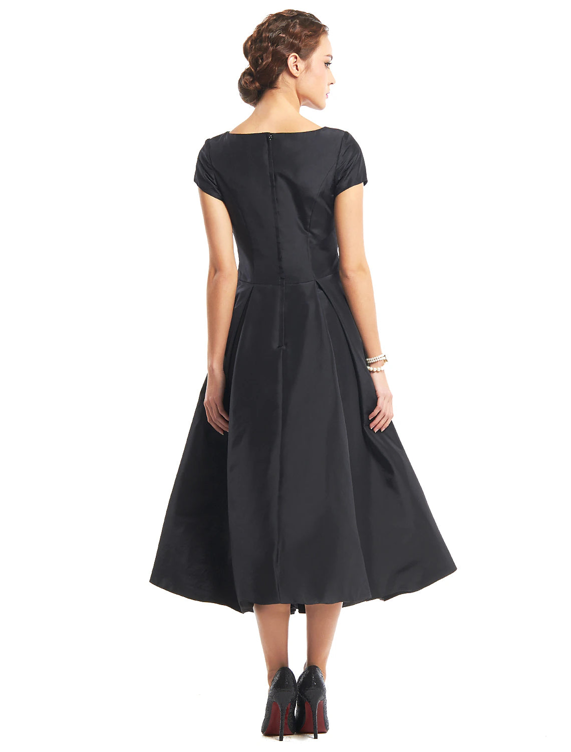 Wholesa A-Line Black Dress Vintage Homecoming Wedding Guest Tea Length Short Sleeve Boat Neck Taffeta with Buttons