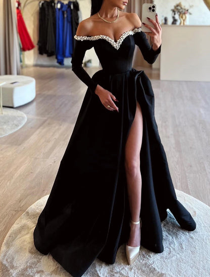 Aimishang A-Line Evening Gown Black Dress Dress Formal Masquerade Sweep / Brush Train Long Sleeve Off Shoulder Satin with Pearls Slit