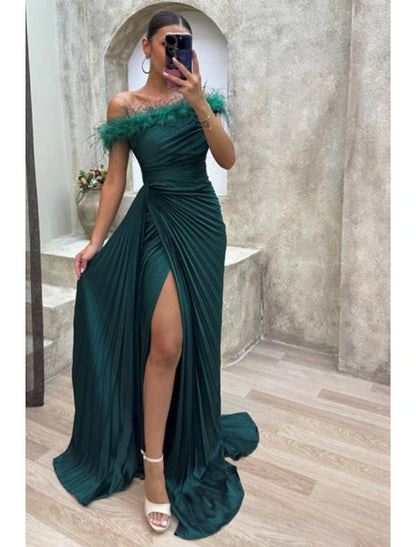 Wholesa A-Line Evening Gown High Split Dress Formal Fall Sweep / Brush Train Sleeveless Off Shoulder Satin with Feather Pleats Slit