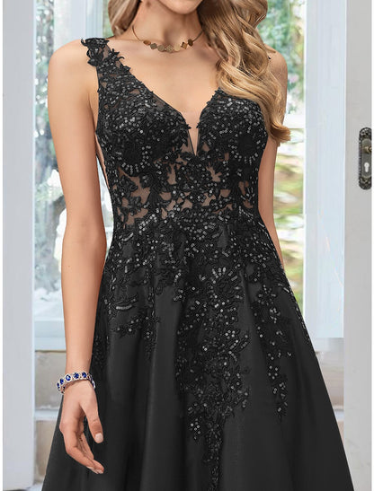 Wholesale A-Line Evening Gown Black Dress Formal Floor Length Sleeveless V Neck Lace with Appliques