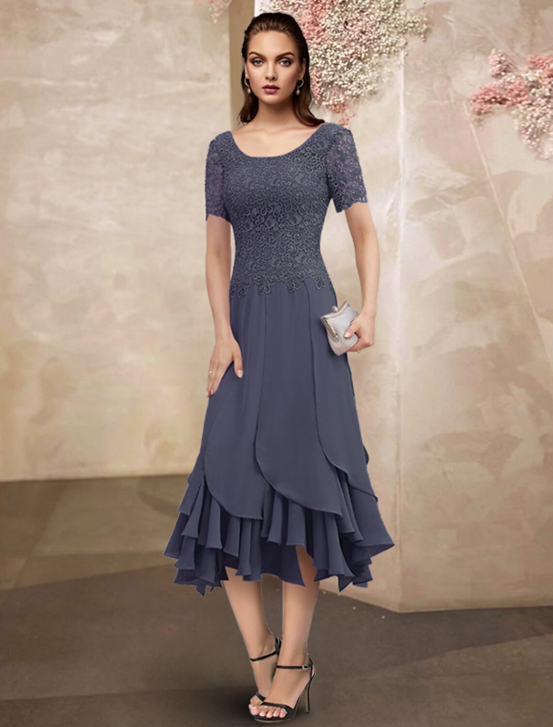 wholesale  Mermaid / Trumpet Mother of the Bride Dress Elegant High Low Jewel Neck Asymmetrical Tea Length Chiffon Lace Short Sleeve Wrap Included with Lace Ruffles