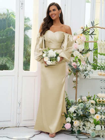 Wholesa Sheath/Column Silk like Satin Ruched Off-the-Shoulder Long Sleeves Floor-Length Bridesmaid Dresses