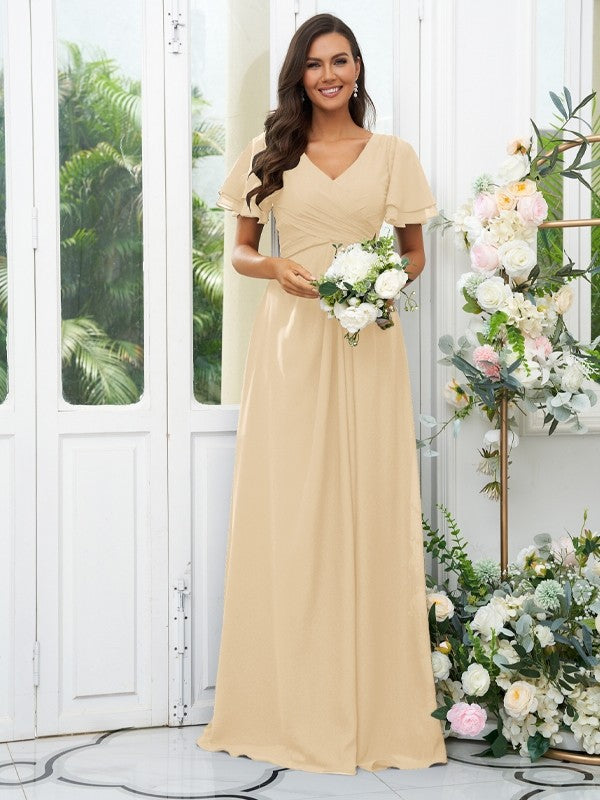 Wholesa A-Line/Princess Chiffon Ruffles V-neck Short Sleeves Floor-Length Bridesmaid Dresses