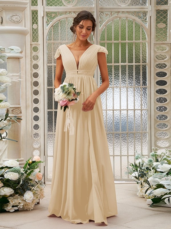 Wholesa A-Line/Princess Chiffon Ruffles V-neck Sleeveless Sweep/Brush Train Bridesmaid Dresses