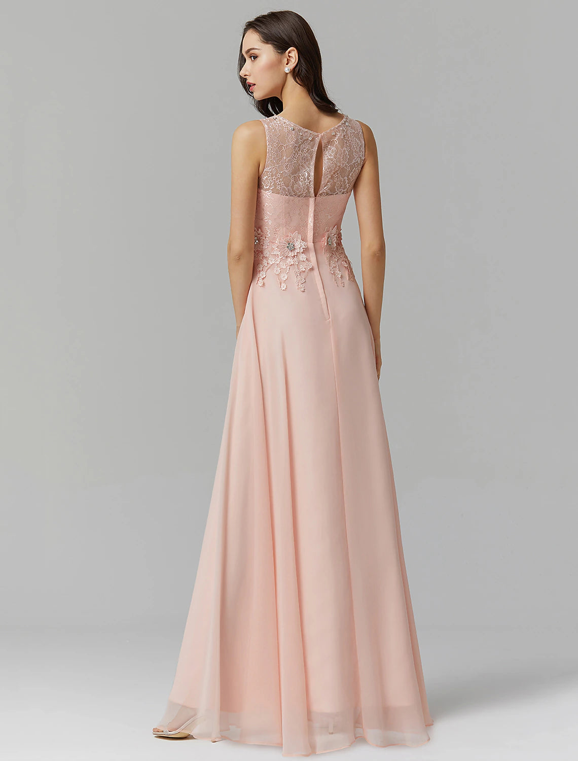 Wholesa A-Line Empire Dress Wedding Guest Prom Floor Length Sleeveless Illusion Neck Bridesmaid Dress Chiffon with Beading Appliques