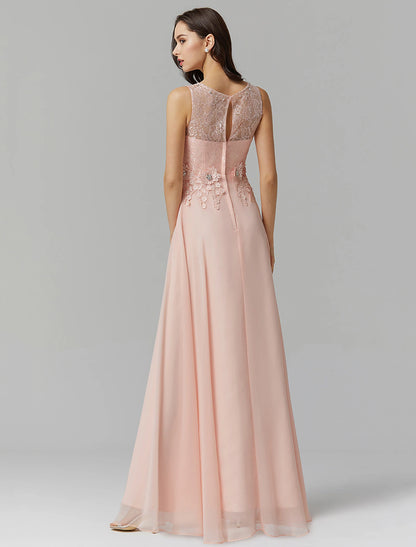 Wholesa A-Line Empire Dress Valentine's Day Wedding Guest Floor Length Sleeveless Illusion Neck Bridesmaid Dress Chiffon with Beading Appliques