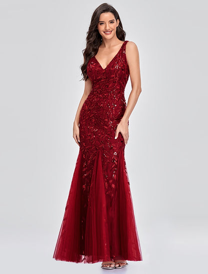 Wholesale Mermaid / Trumpet Empire Elegant Party Wear Formal Evening Valentine's Day Dress V Neck V Back Sleeveless Floor Length Tulle with Embroidery