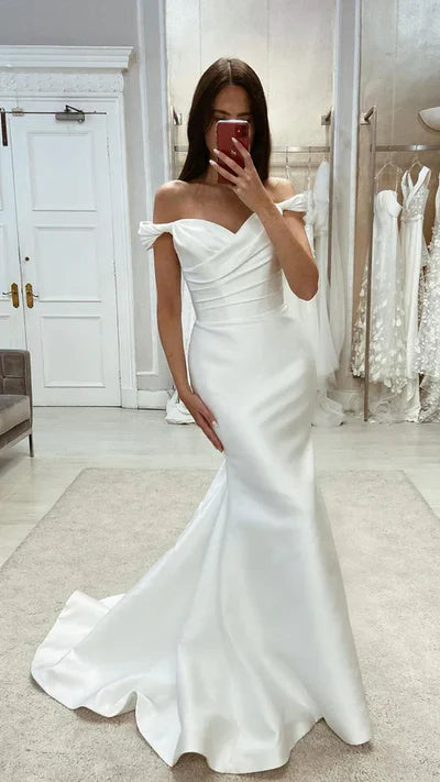 Wholesale Elegant Satin Mermaid Off-Shoulder Ruched With Train Beach Wedding Dress