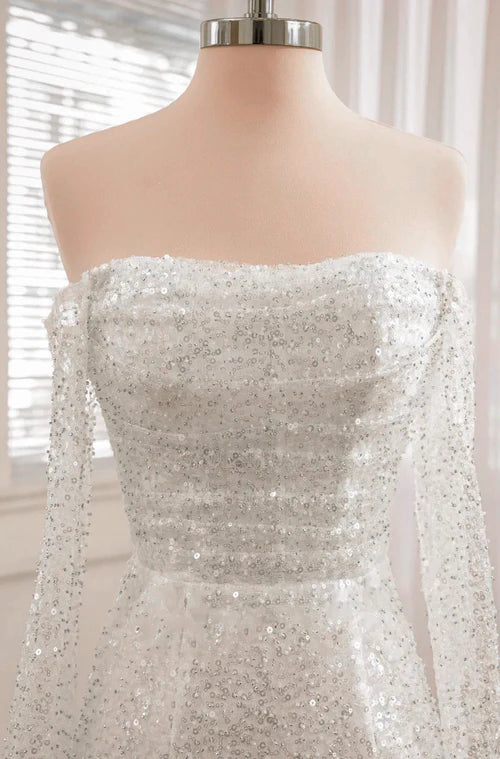 Wholesale Elegant Short Sequined Backless Wedding Dress With Long Detachable Sleeves