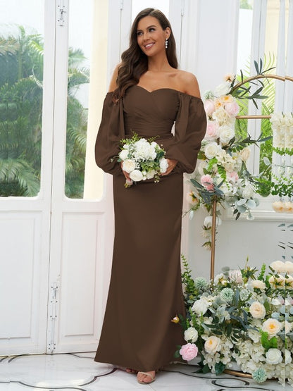 Wholesa Sheath/Column Silk like Satin Ruched Off-the-Shoulder Long Sleeves Floor-Length Bridesmaid Dresses