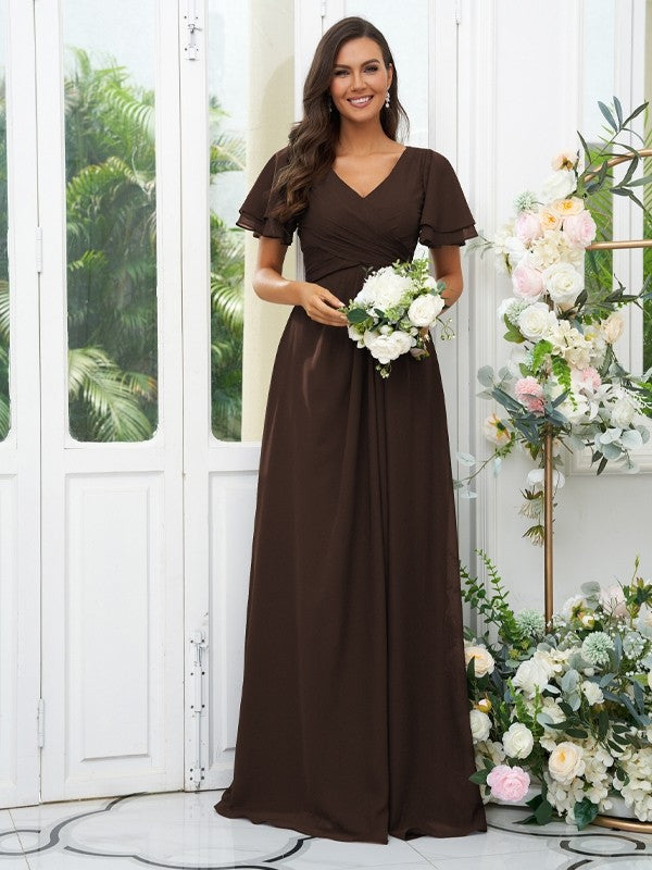 Wholesa A-Line/Princess Chiffon Ruffles V-neck Short Sleeves Floor-Length Bridesmaid Dresses