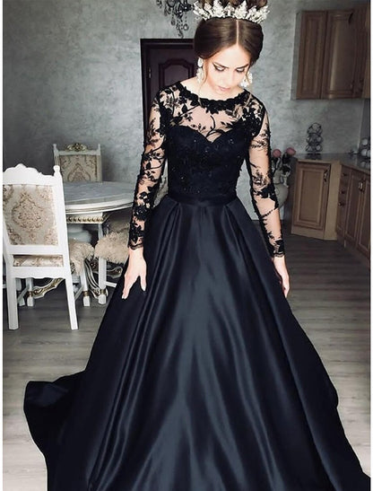 Wholesa Ball Gown Evening Gown Princess Dress Prom Wedding Party Floor Length Long Sleeve Jewel Neck Wednesday Addams Family Satin with Appliques