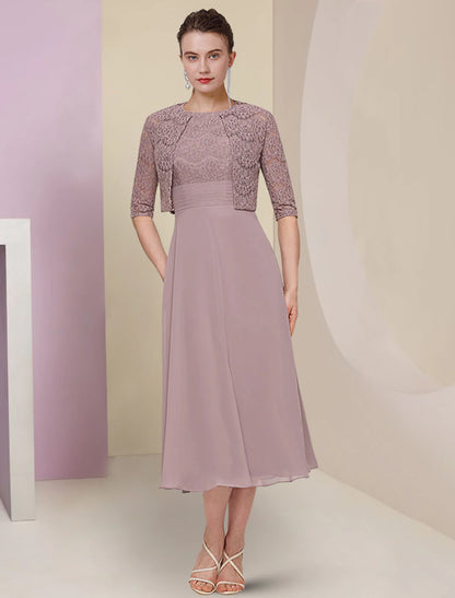 Wholesa  Two Piece Mother of the Bride Dress Wedding Guest Church Elegant Jewel Neck Tea Length Chiffon Lace Half Sleeve with Solid Color