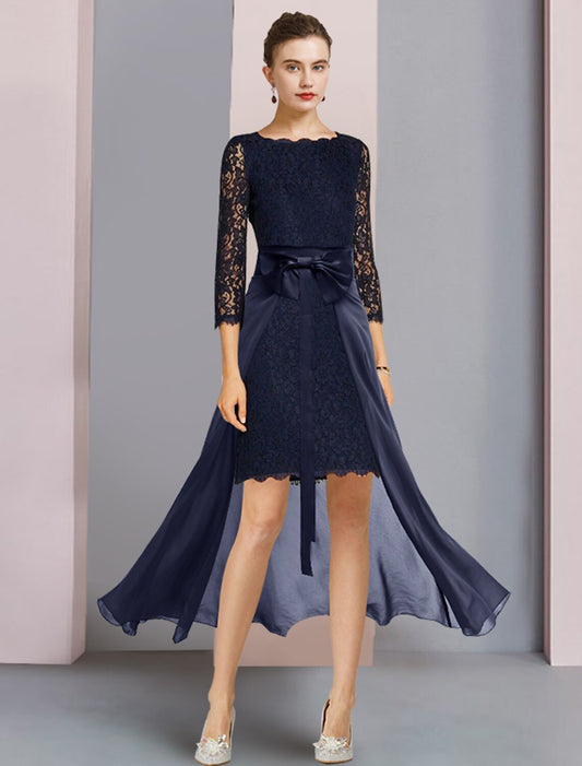 wholesale  Two Piece Sheath / Column Mother of the Bride Dress Formal Wedding Guest Elegant Scoop Neck Knee Length Chiffon Lace 3/4 Length Sleeve with Bow(s)