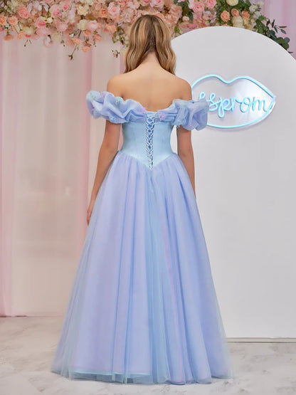 Wholesale Evening Dress Cinderella Blue Tulle Off the Shoulder With Crystals & Butterflies Ball Gown