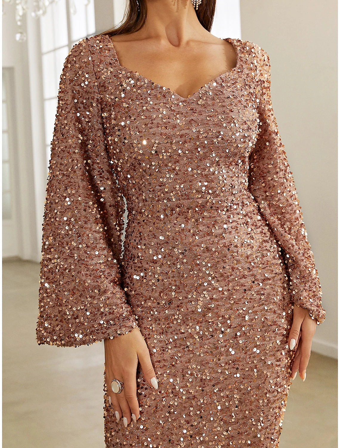 Wholesa Mermaid / Trumpet Evening Gown Sparkle & Shine Dress Formal Fall Sweep / Brush Train Long Sleeve V Neck Sequined with Glitter Ruched