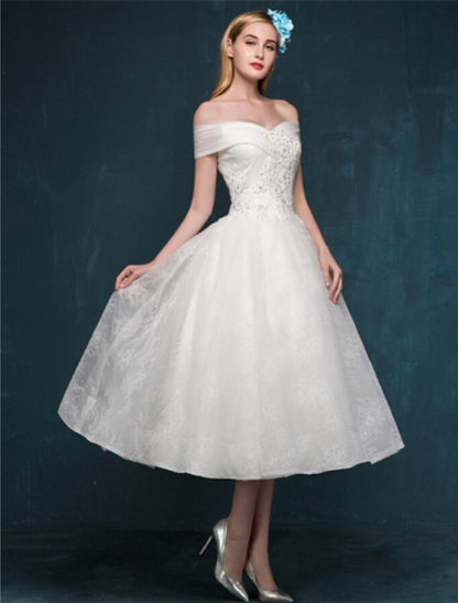 Wholesale Reception Little White Dresses Wedding Dresses A-Line Off Shoulder Cap Sleeve Tea Length Lace Bridal Gowns With Beading Sequin Summer Wedding Party