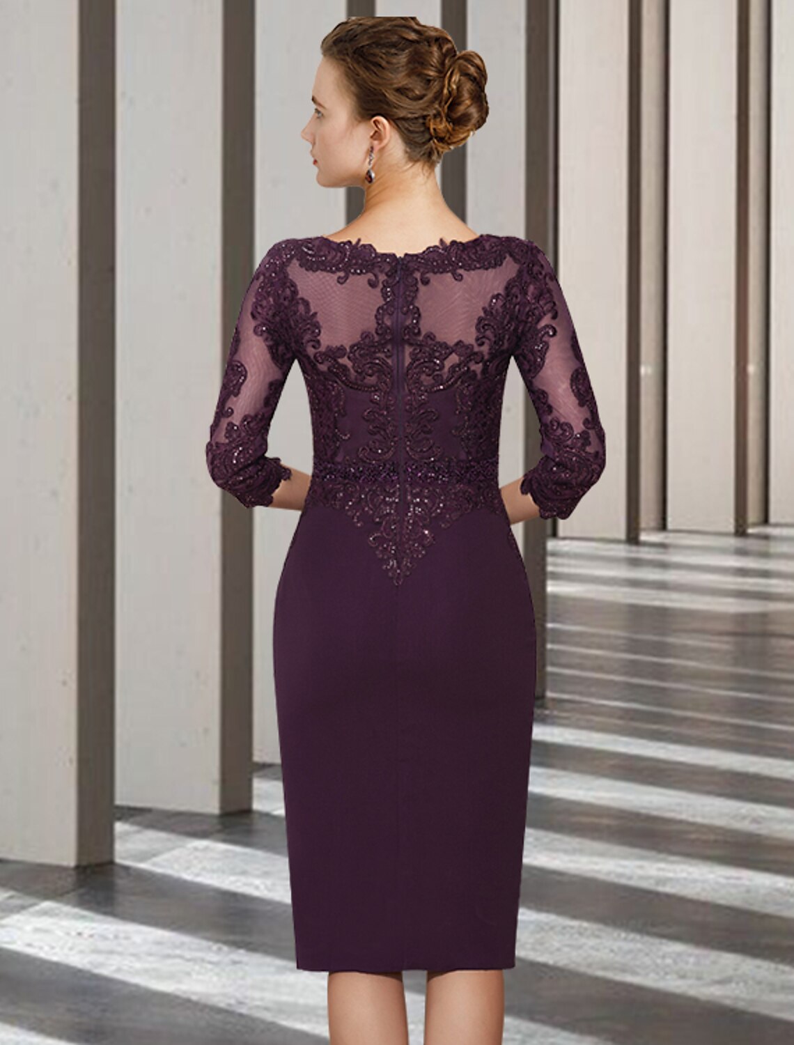 wholesale Two Piece A-Line Mother of the Bride Dress Church Elegant Jewel Neck Knee Length Chiffon Lace 3/4 Length Sleeve Jacket Dresses with Beading Appliques