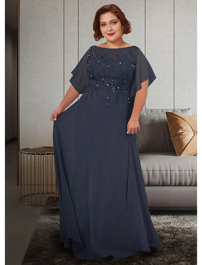 Wholesa A-Line Mother of the Bride Dress Plus Size Elegant Jewel Neck Floor Length Chiffon Lace Half Sleeve with Appliques