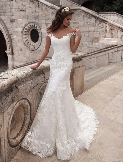 Wholesale Engagement Open Back Formal Wedding Dresses Mermaid / Trumpet Off Shoulder Cap Sleeve Court Train Lace Bridal Gowns With Appliques Summer Wedding Party