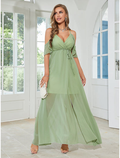 wholesale  A-Line Wedding Guest Dresses Elegant Dress Party Wear Ankle Length Sleeveless V Neck Chiffon with Ruffles Slit Strappy