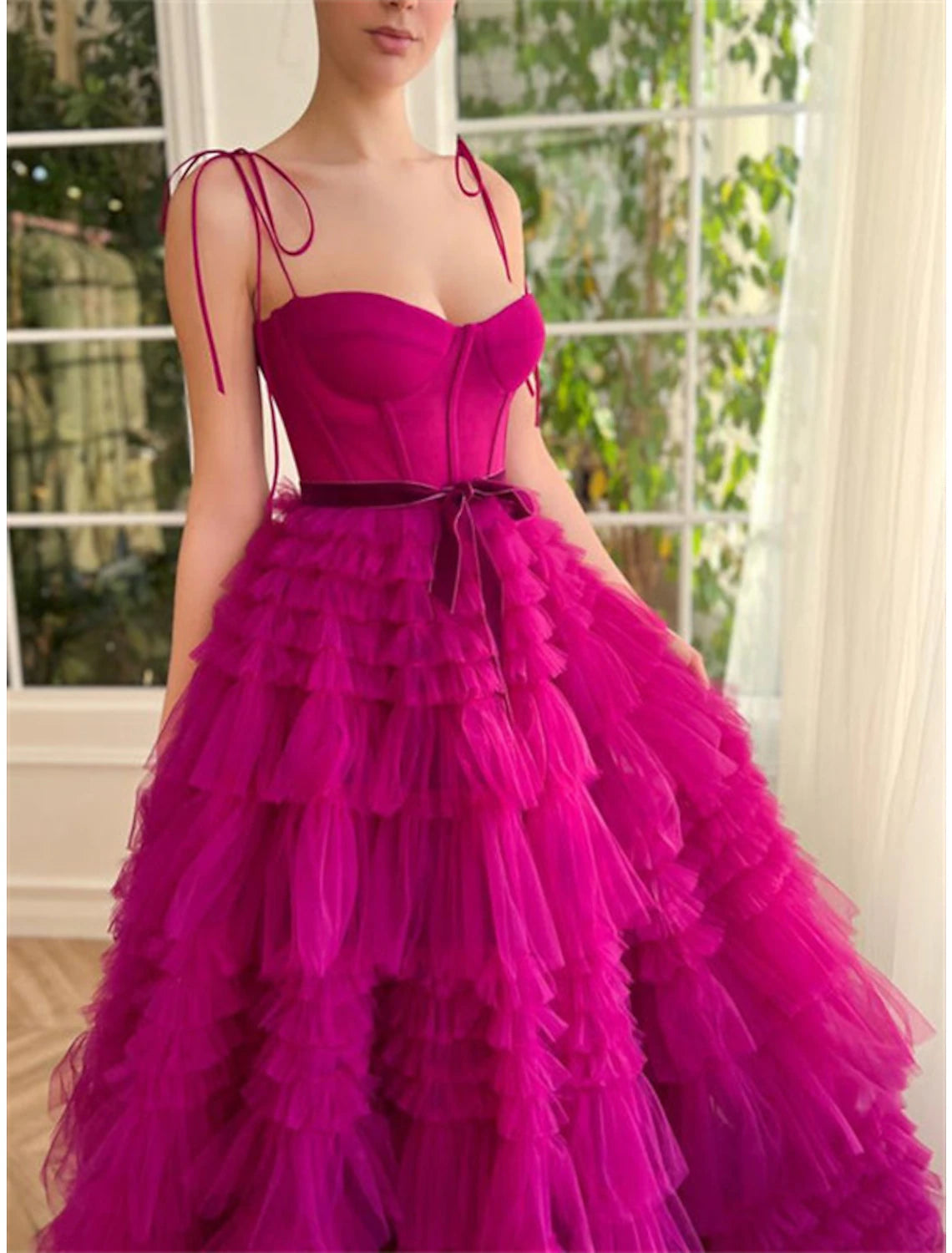 Wholesa Ball Gown Evening Gown Puffy Dress Wedding Party Birthday Floor Length Sleeveless Spaghetti Strap Tulle with Ruffles Strappy