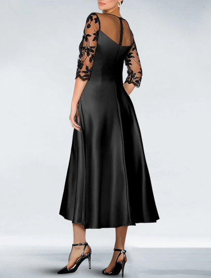 Wholesa A-Line Cocktail Black Dress Appliques Elegant Dress Fall Wedding Guest Dress For Mother Knee Length 3/4 Length Sleeve Off Shoulder Pocket Satin with Beading Pocket