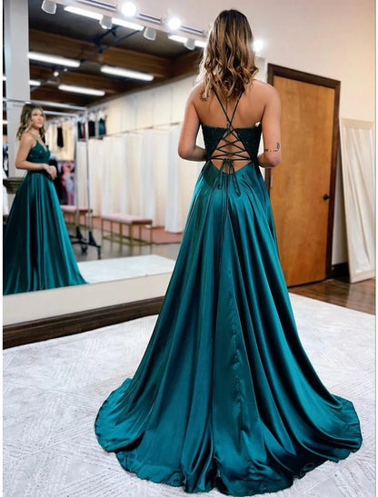 wholesale  A-Line Prom Dresses Empire Dress Formal Court Train Sleeveless V Neck Satin Backless with Beading Appliques