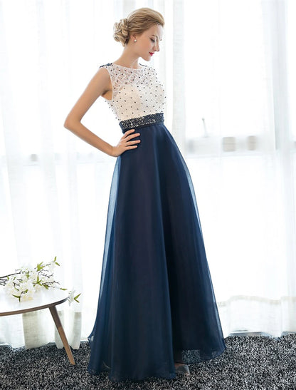 wholesale A-Line Beautiful Back Elegant Beaded & Sequin Prom Formal Evening Dress Illusion Neck Sleeveless Floor Length Tulle Over Lace with Beading