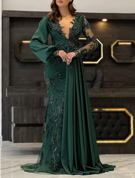 Wholesa Mermaid / Trumpet Evening Gown Elegant Dress Formal Wedding Guest Floor Length Long Sleeve V Neck Fall Wedding Guest Lace with Appliques Pure Color