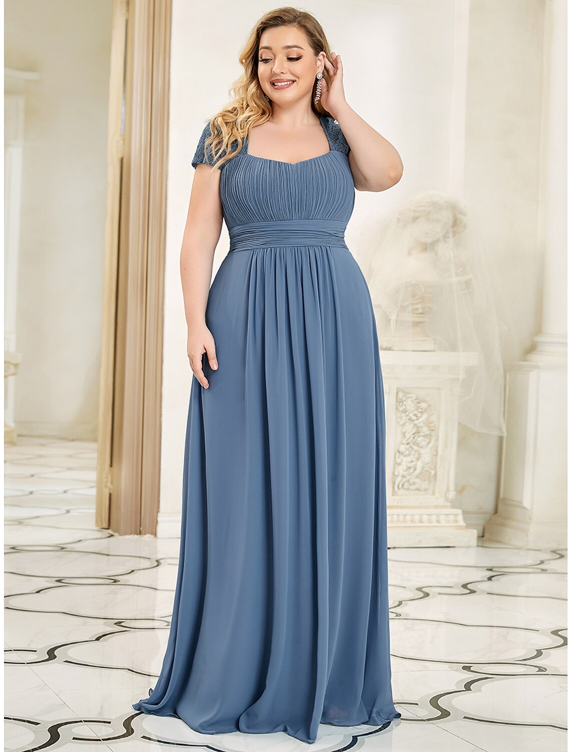 Wholesale A-Line Evening Gown Plus Size Dress Wedding Guest Floor Length Short Sleeve Sweetheart Chiffon with Ruc