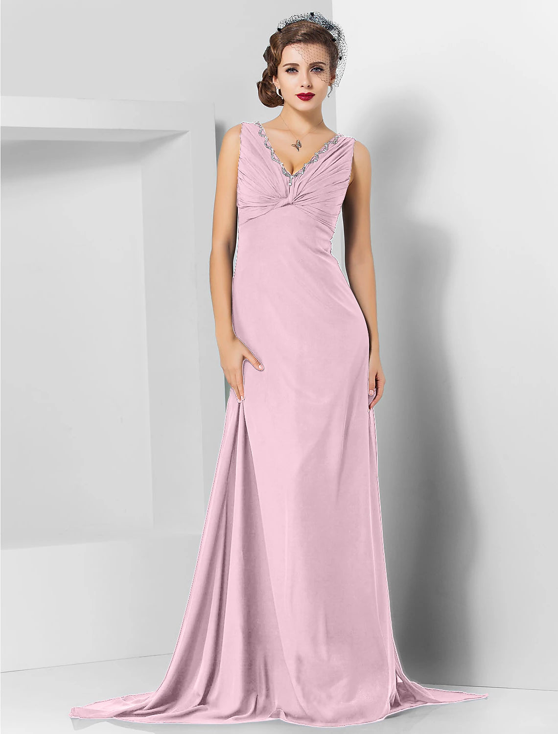 Wholesa Sheath / Column Elegant Engagement Formal Evening Dress V Neck Sleeveless Sweep / Brush Train Chiffon with Crystals Draping