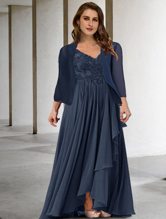 Wholesa Two Piece A-Line Mother of the Bride Dresses Plus Size Hide Belly Curve Elegant Dress Formal Floor Length Half Sleeve V Neck Chiffon with Pleats Appliques