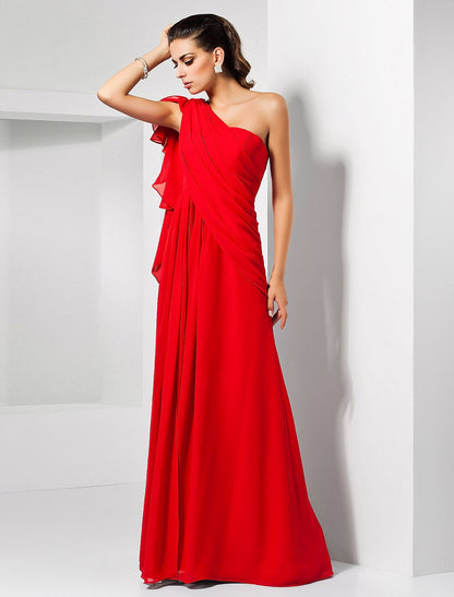 Wholesa  Sheath Christmas Red Green Dress Empire Wedding Guest Formal Evening Dress One Shoulder Sleeveless Floor Length Chiffon with Draping Slit