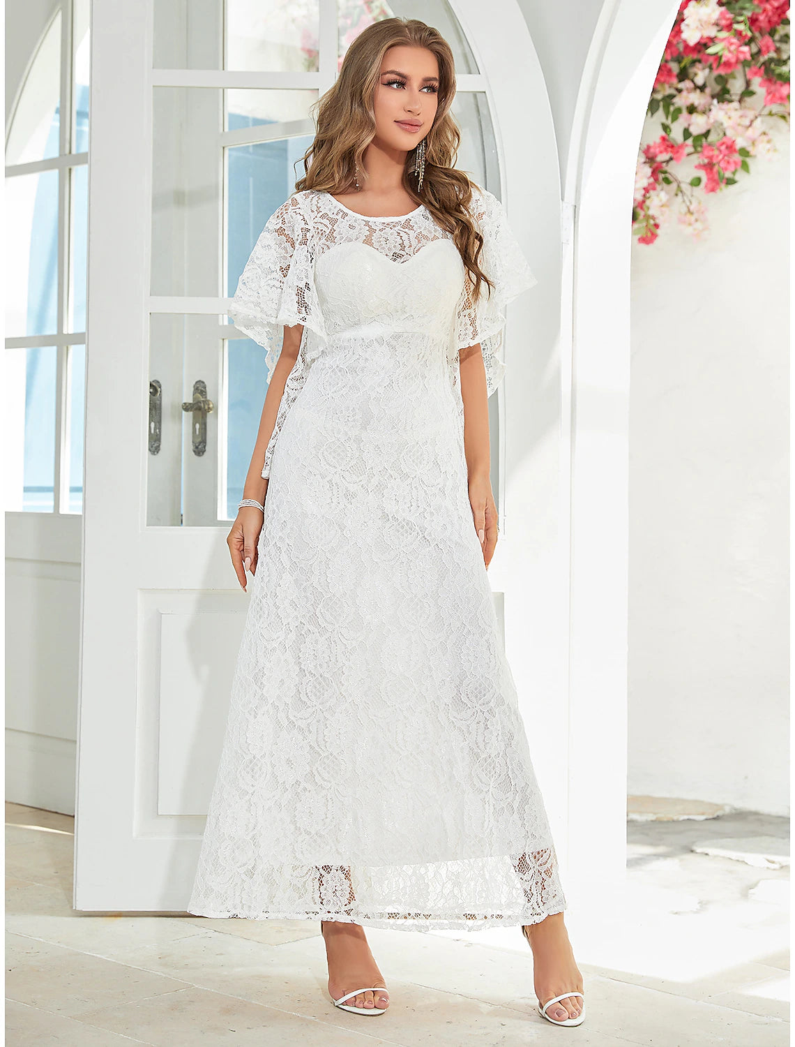 wholesale   A-Line Wedding Guest Dresses Elegant Dress Party Wear Ankle Length Half Sleeve Jewel Neck Lace with Ruffles Appliques