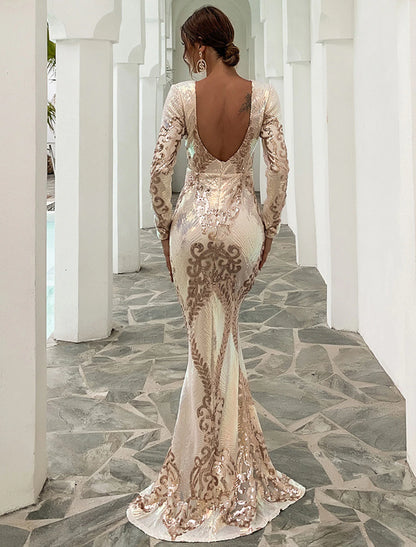 wholesale  Mermaid / Trumpet Evening Gown Sexy Dress Formal Sweep / Brush Train Long Sleeve Jewel Neck Polyester Backless with Sequin