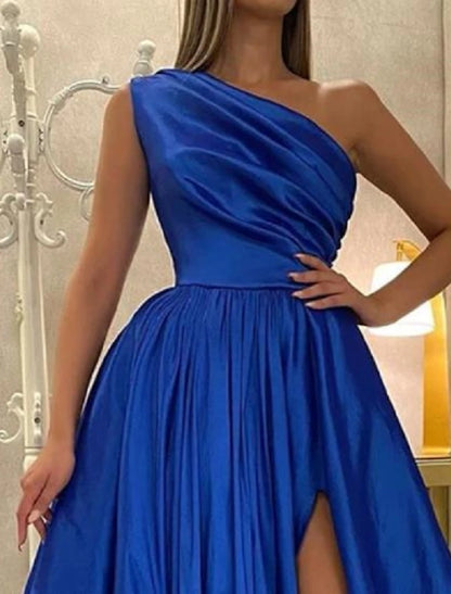 Wholesa A-Line Evening Gown Elegant Dress Wedding Guest Engagement Floor Length Sleeveless One Shoulder Satin with Pleats Slit