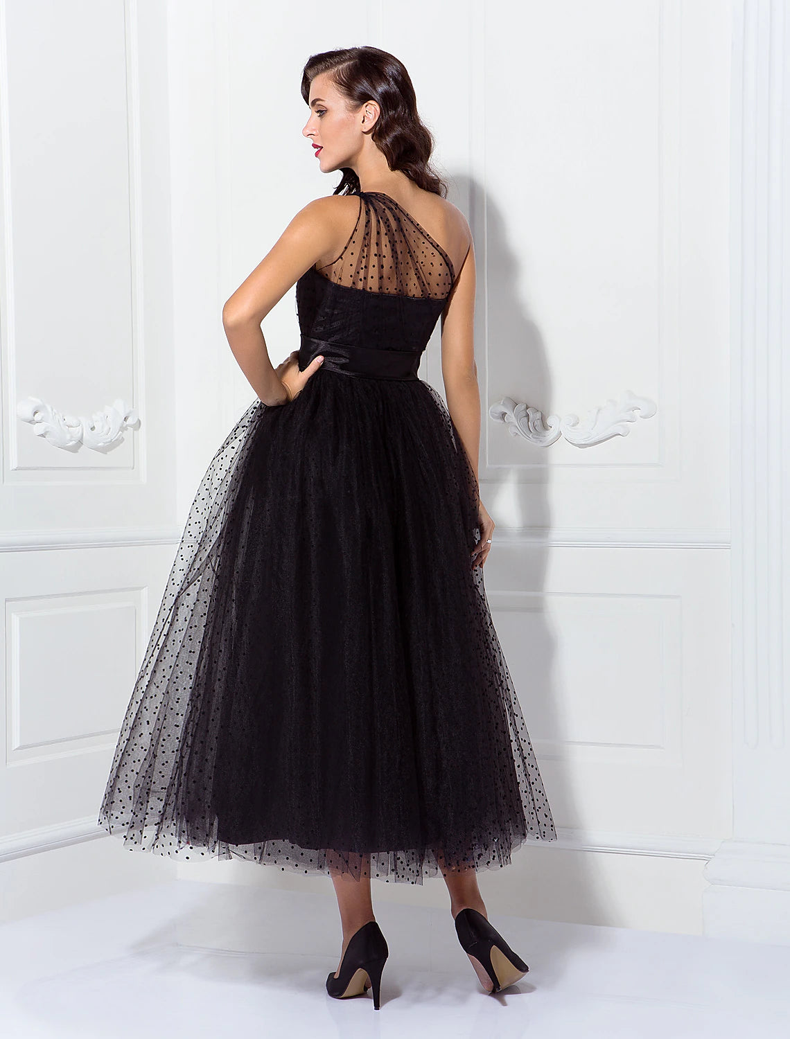 Wholesale  A-Line Cocktail Dresses 1950s Dress Wedding Guest Ankle Length Sleeveless One Shoulder Wednesday Addams Family Tulle with Pleats Pattern / Print