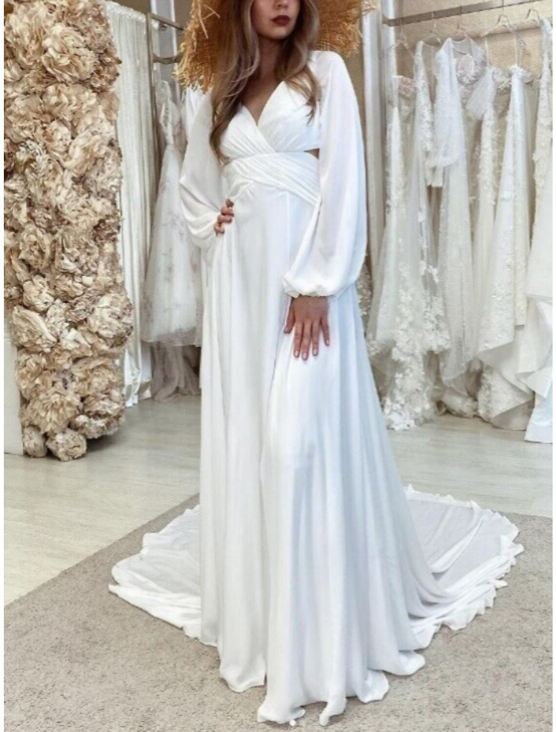 Wholesa Formal Wedding Dresses Sheath / Column V Neck Long Sleeve Court Train Chiffon Bridal Gowns With Pleats Solid Color