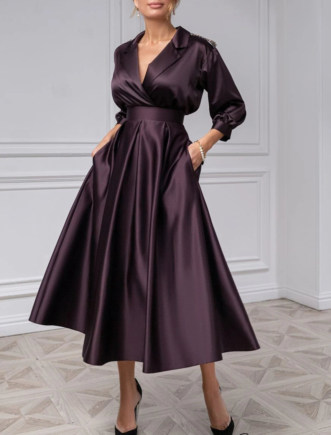 Wholesa A-Line Cocktail Dresses Elegant Dress Wedding Guest Evening Party Tea Length 3/4 Length Sleeve Shirt Collar Satin with Pleats