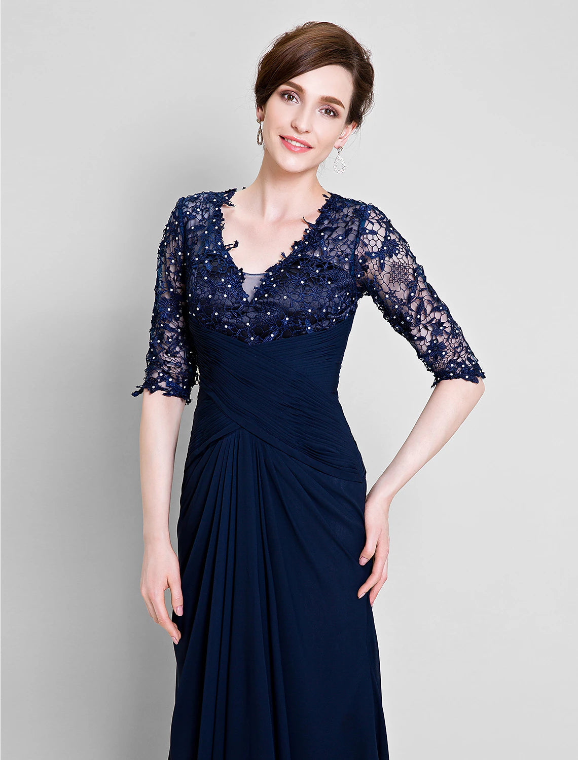 wholesale A-Line Mother of the Bride Dress See Through V Neck Floor Length Chiffon Lace Half Sleeve No with Lace Beading