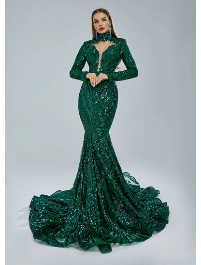 wholesale  Mermaid / Trumpet Evening Gown Elegant Dress Engagement Court Train Long Sleeve Stand Collar Lace with Sequin