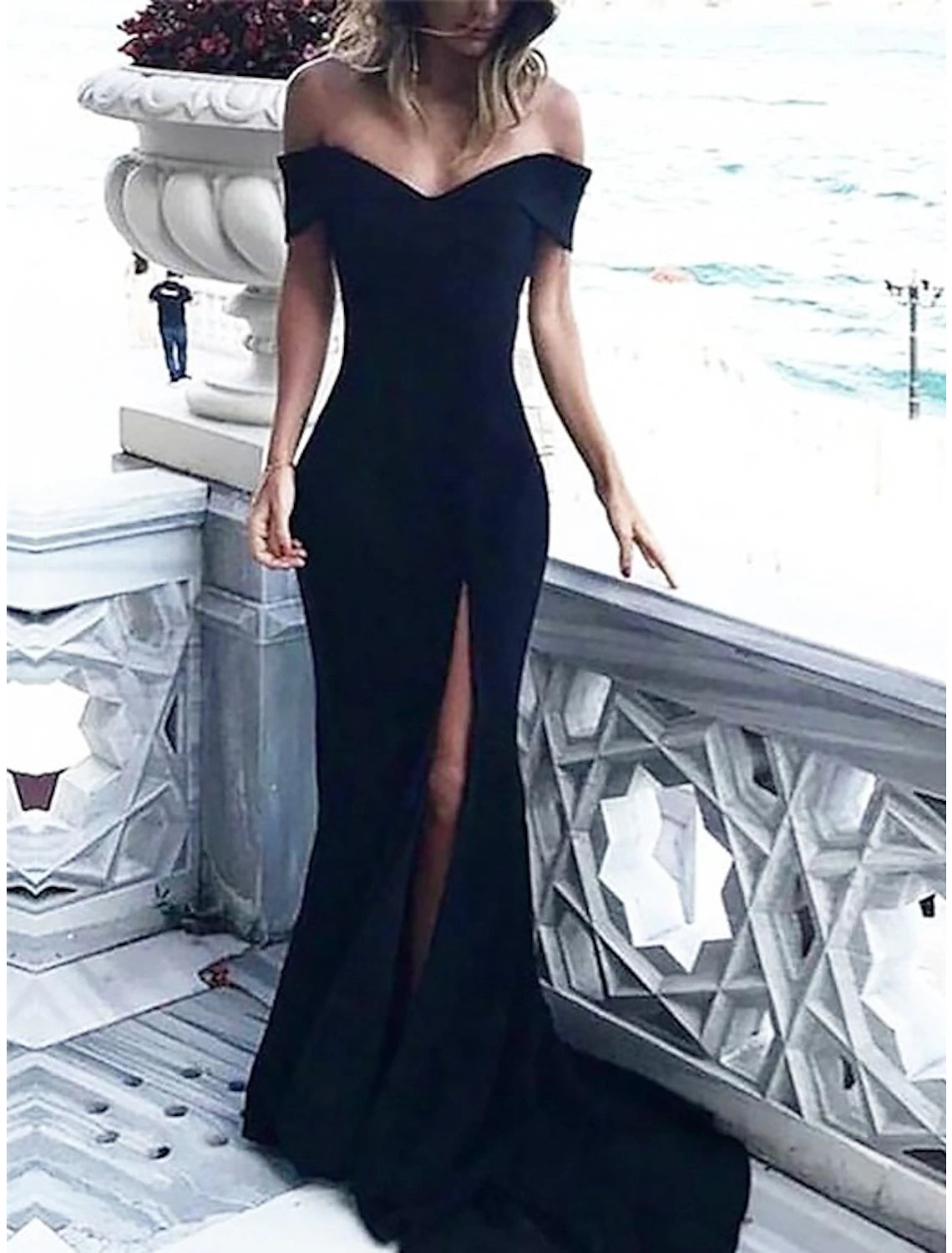 Wholesale Sheath / Column Elegant Prom Formal Evening Dress Off Shoulder Sleeveless Court Train Spandex with Slit