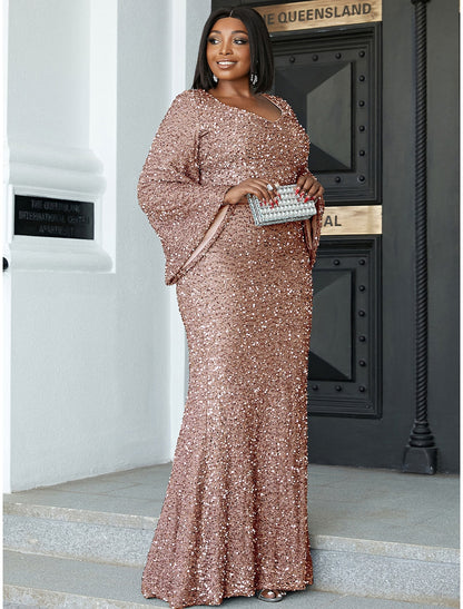 Wholesa Mermaid / Trumpet Wedding Guest Dresses Plus Size Dress Cocktail Party Black Tie Floor Length Long Sleeve Scoop Neck Sequined with Glitter