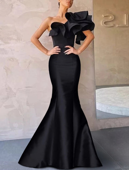 wholesale  Mermaid / Trumpet Evening Gown Corsets Dress Formal Floor Length Sleeveless One Shoulder Taffeta with Ruffles Shouder Flower