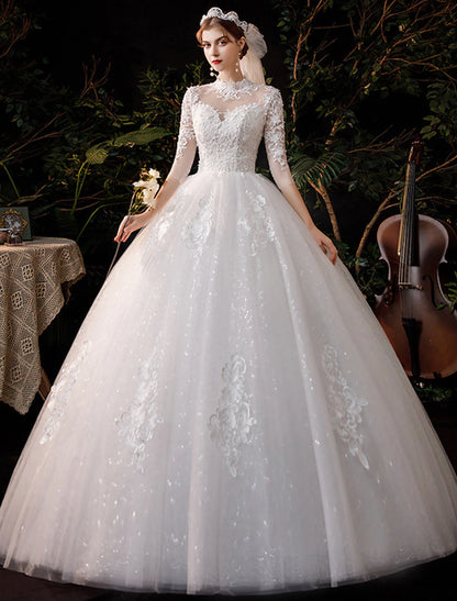 Wholesale Wedding Dresses Floor Length Ball Gown Half Sleeve High Neck Lace With Appliques Bridal Gowns