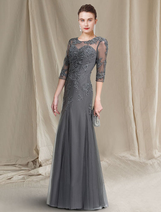 Wholesale A-Line Mother of the Bride Dress Luxurious Elegant Jewel Neck Floor Length Lace Tulle 3/4 Length Sleeve with Appliques