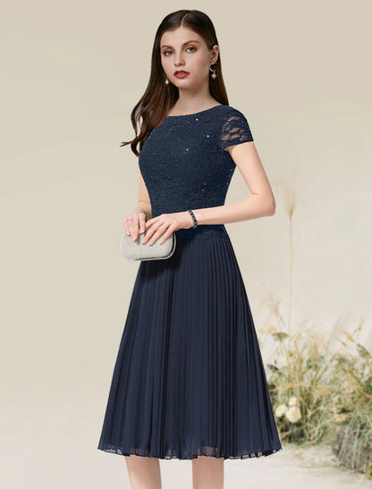 wholesale   A-Line Cocktail Dresses Flirty Dress Homecoming Tea Length Short Sleeve Jewel Neck Chiffon with Pleats