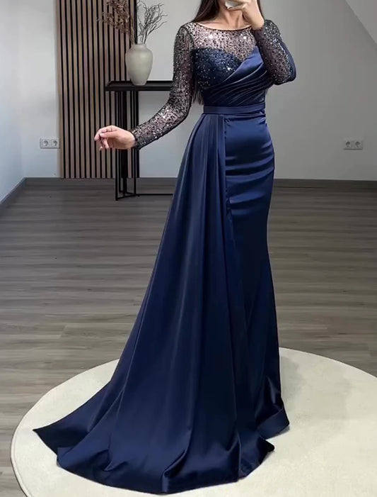Aimishang Mermaid Dress Evening Gown Red Green Dress Formal Wedding Guest Court Train Long Sleeve Jewel Neck Charmeuse with Ruched Pearls Sequin