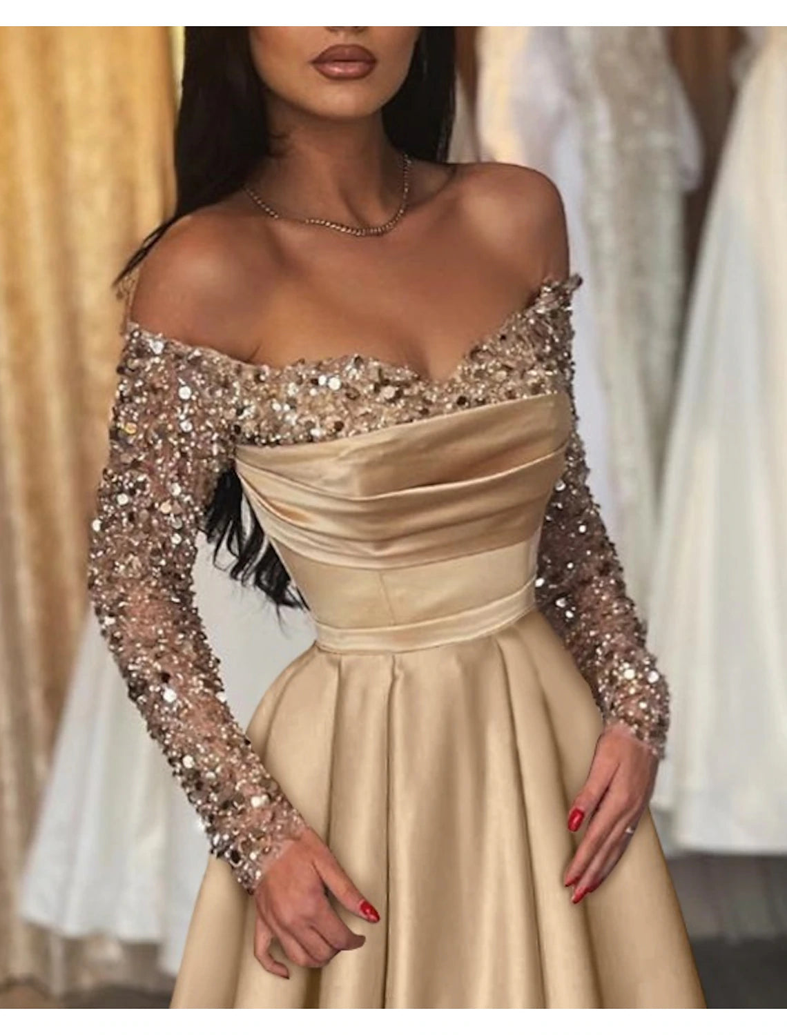 Wholesa Ball Gown Evening Gown Sexy Dress Black Tie Gala Wedding Reception Sweep / Brush Train Half Sleeve Off Shoulder Satin with Sequin